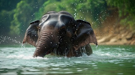 male Asian elephant is enjoying bathing.