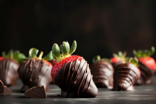 Chocolate covered strawberries candy dessert. Luxury dipped summer fruits in dark chocolate. Generate ai