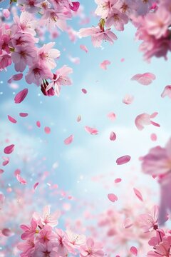 A pink flower blooms on a tree, with petals floating in the air. © NEXTUZ