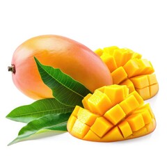 Fototapeta premium Mango fruit and half with slices isolated on white background. Top view. Flat lay