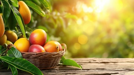 Mango in basket with leaves on wooden table and Mango tree farm with sunlight background.