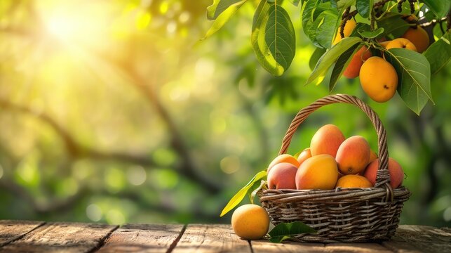 Mango in basket with leaves on wooden table and Mango tree farm with sunlight background.