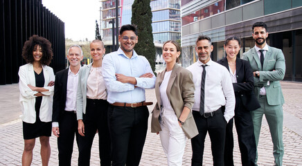 Team portrait diverse professional posing confidence. Young and mature multiracial colleagues...