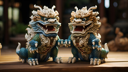 Fototapeta premium Two Dragon Statues Displayed on a Table