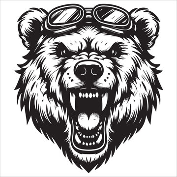 Bear head , Angry bear’s head with aviator goggles black and white silhouette