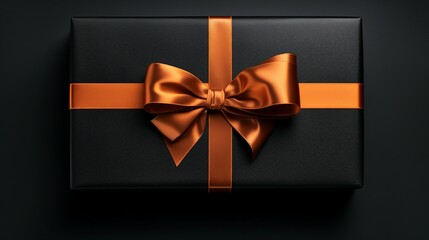 Stylishly Wrapped Giftbox - Top-Down View of Black Box with Shiny Orange Satin Ribbon Bow on Isolated Background, Perfect for Special Occasions and Celebrations