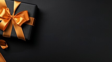 Stylishly Wrapped Giftbox - Top-Down View of Black Box with Shiny Orange Satin Ribbon Bow on Isolated Background, Perfect for Special Occasions and Celebrations