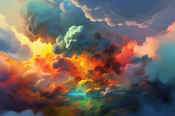 Fototapeta na wymiar Colorful bright clouds digital art. Vivid nebula aerial celestial colored cloudy sky. Generate ai