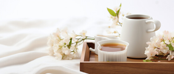 Wooden tray with coffee and interior decor