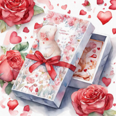 Obraz na płótnie Canvas Watercolor image of a cute white gift box tied with a red bow amidst rose petals. Red rose and red heart