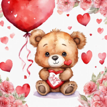 Watercolor image of a brown teddy bear sitting holding a heart-shaped card. amidst a bouquet of red roses and red hearts sprinkled There were also heart-shaped balloons tied with long, thin bows float