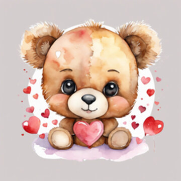 Watercolor image of a cute, big-headed brown teddy bear sitting with a pink heart in the middle. And there were several red hearts floating beside it.