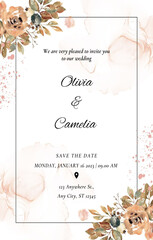 Wedding floral invitation. Greeting card with light peach and boho color flowers. Can be used as invitation card for wedding.