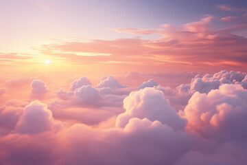 Beautiful view at sun over pink fluffy clouds