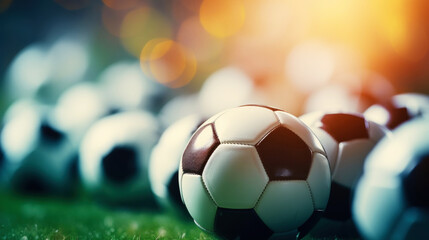 Fototapeta premium Close up of football balls on green grass background, side view. Copy space. Sport advertising concept. Generative AI