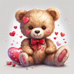 Watercolor image of a brown teddy bear tied with a red bow sitting. On the back lay a large red heart. And there were little red hearts floating around.