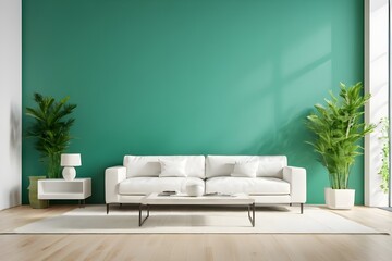 Minimalistic modern interior design with white sofa and deep green clear wall with plnants