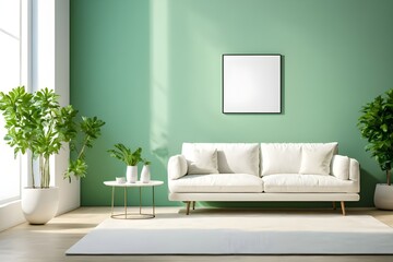 Minimalistic modern interior design with white sofa and deep green clear wall with plants
