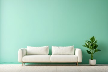 Minimalistic modern interior design with white sofa and sea green clear wall with plant
