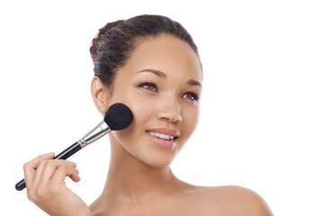 Woman, face and makeup brushes for beauty cosmetics, blush or skincare against a white studio background. Female person or model smile for facial treatment, foundation or soft texture on mockup space