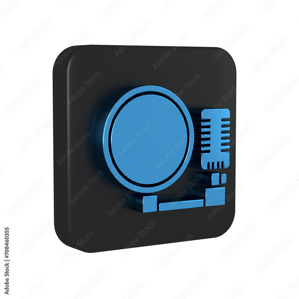 Sticker Blue Microphone icon isolated on transparent background. On air radio mic microphone. Speaker sign. Black square button.