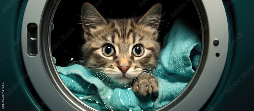 Wall mural cat inside washing machine.