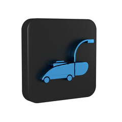 Blue Lawn mower icon isolated on transparent background. Lawn mower cutting grass. Black square button.
