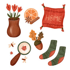 Crayon autumn warm things composition for design, illustrations isolated on the white 