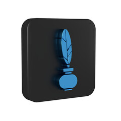 Blue Feather and inkwell icon isolated on transparent background. Black square button.
