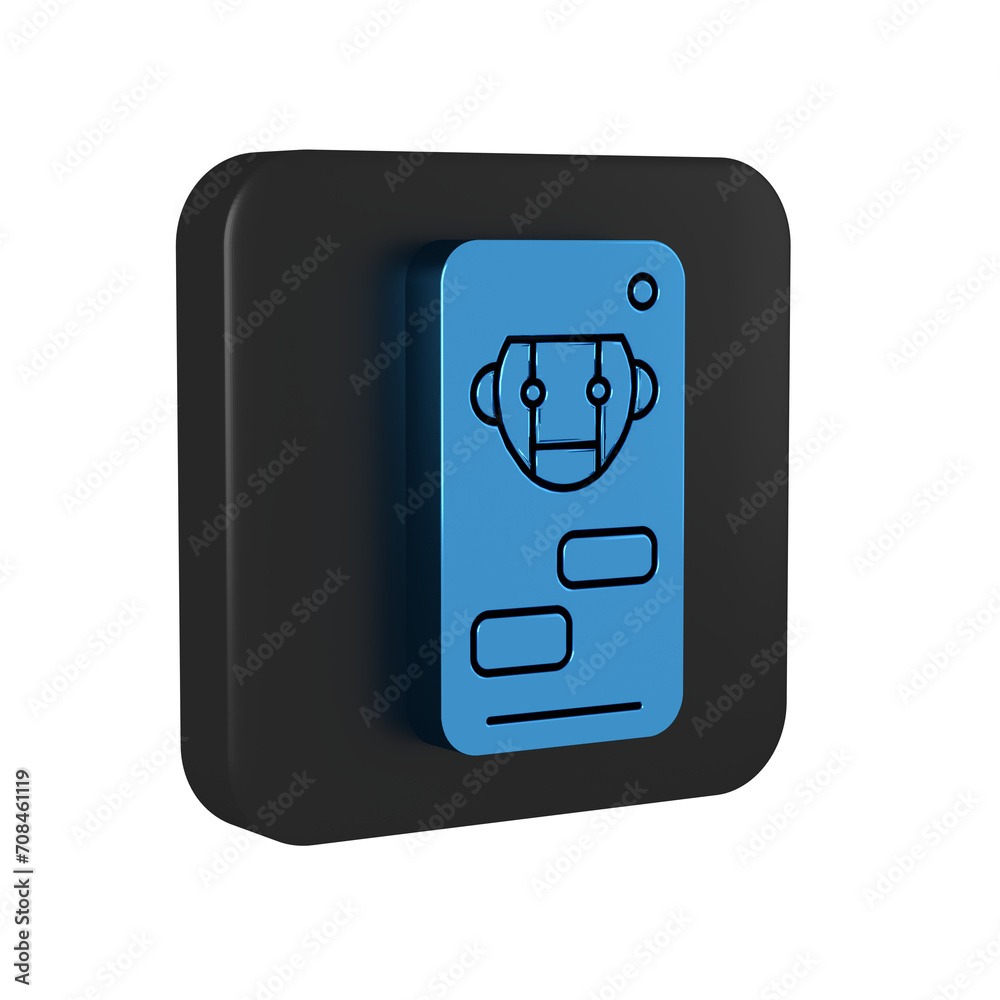 Poster blue bot icon isolated on transparent background. robot icon. black square button.