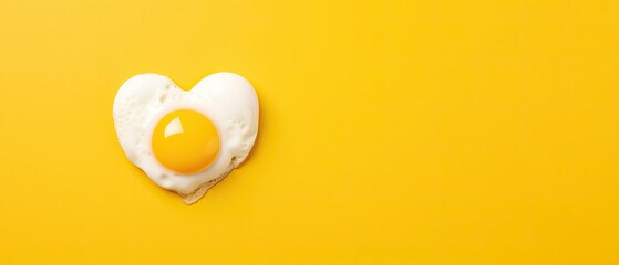 heart shaped fried egg with toast as breakfast for valentine's day. top view. isolated on yellow background. banner - obrazy, fototapety, plakaty