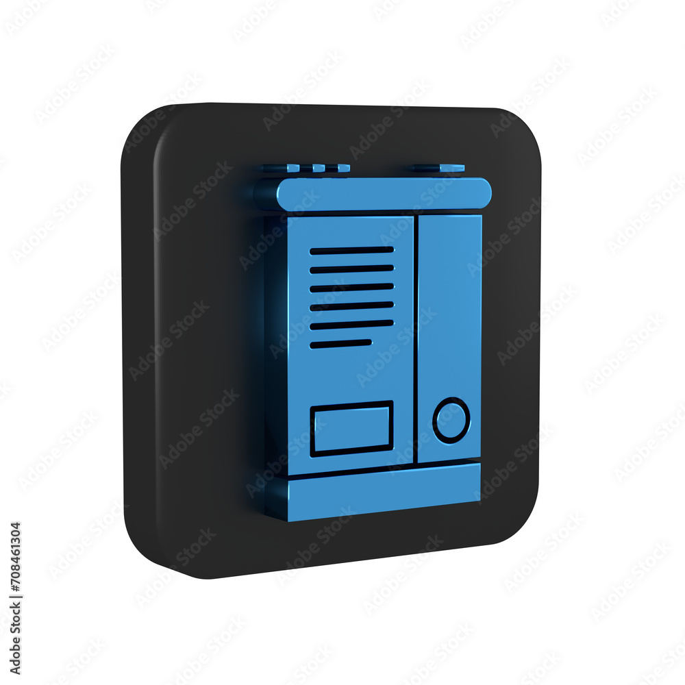 Sticker Blue Car battery icon isolated on transparent background. Accumulator battery energy power and electricity accumulator battery. Black square button.