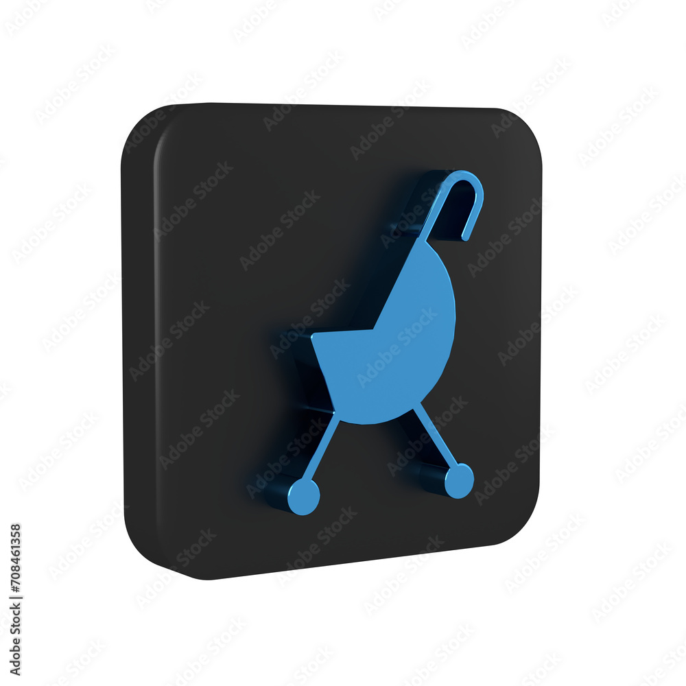 Poster Blue Baby stroller icon isolated on transparent background. Baby carriage, buggy, pram, stroller, wheel. Black square button.