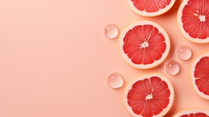 Refreshing Grapefruit Bliss: Top View Photo of Juicy Citrus Slices, Ice Cubes, and Water Drops on Pastel Pink Background with Copy-Space for Summer Promotions - obrazy, fototapety, plakaty