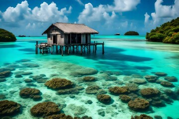 A stilt house on stilts above a turquoise lagoon, with coral reefs visible beneath the clear water.
