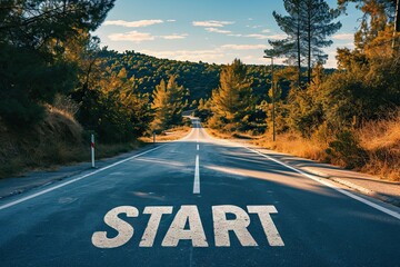 Start text on road to success. Symbolic journey concept with empty asphalt highway leading towards bright horizon perfect for business and motivational themes
