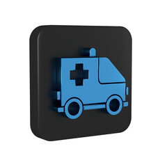 Blue Ambulance and emergency car icon isolated on transparent background. Ambulance vehicle medical evacuation. Black square button.