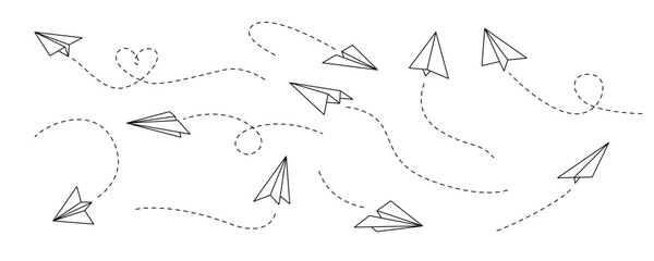 Vector paper airplane. Outline flying planes with dotted track direction. Travel or message symbol. Black linear paper plane icon