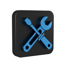 Blue Screwdriver and wrench tools icon isolated on transparent background. Service tool symbol. Black square button.