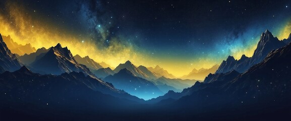 Mystical space and stars background wallpaper in yellow and navy blue gradient colors - obrazy, fototapety, plakaty