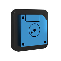 Blue Floppy disk for computer data storage icon isolated on transparent background. Diskette sign. Black square button.