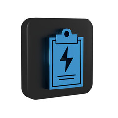 Blue Laboratory clipboard with checklist icon isolated on transparent background. Control list symbol. Black square button.