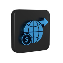 Blue Earth globe with dollar symbol icon isolated on transparent background. World or Earth sign. Global internet symbol. Geometric shapes. Black square button.