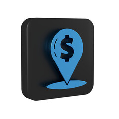 Blue Cash location pin icon isolated on transparent background. Pointer and dollar symbol. Money location. Business and investment concept. Black square button.