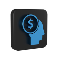 Blue Business man planning mind icon isolated on transparent background. Human head with dollar. Idea to earn money. Business investment growth. Black square button.