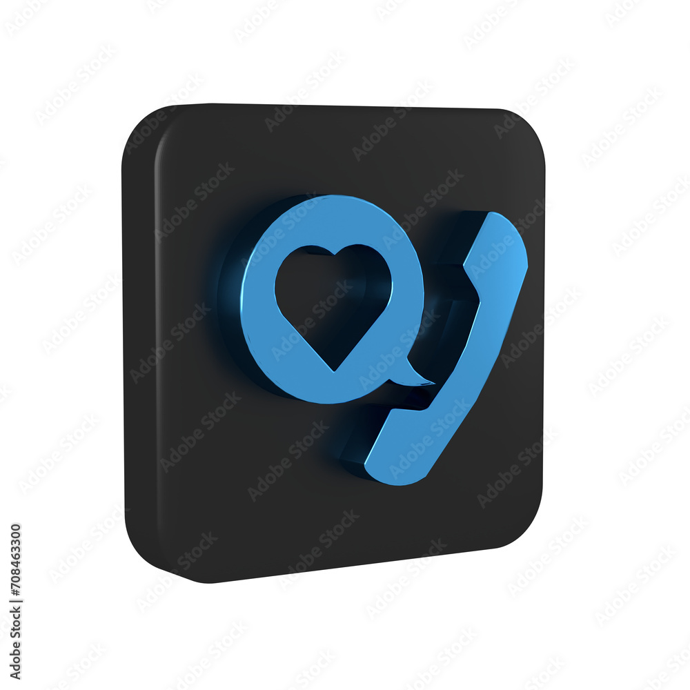 Poster Blue Telephone with heart emoji speech bubble get message on screen icon isolated on transparent background. Valentines day. Black square button.