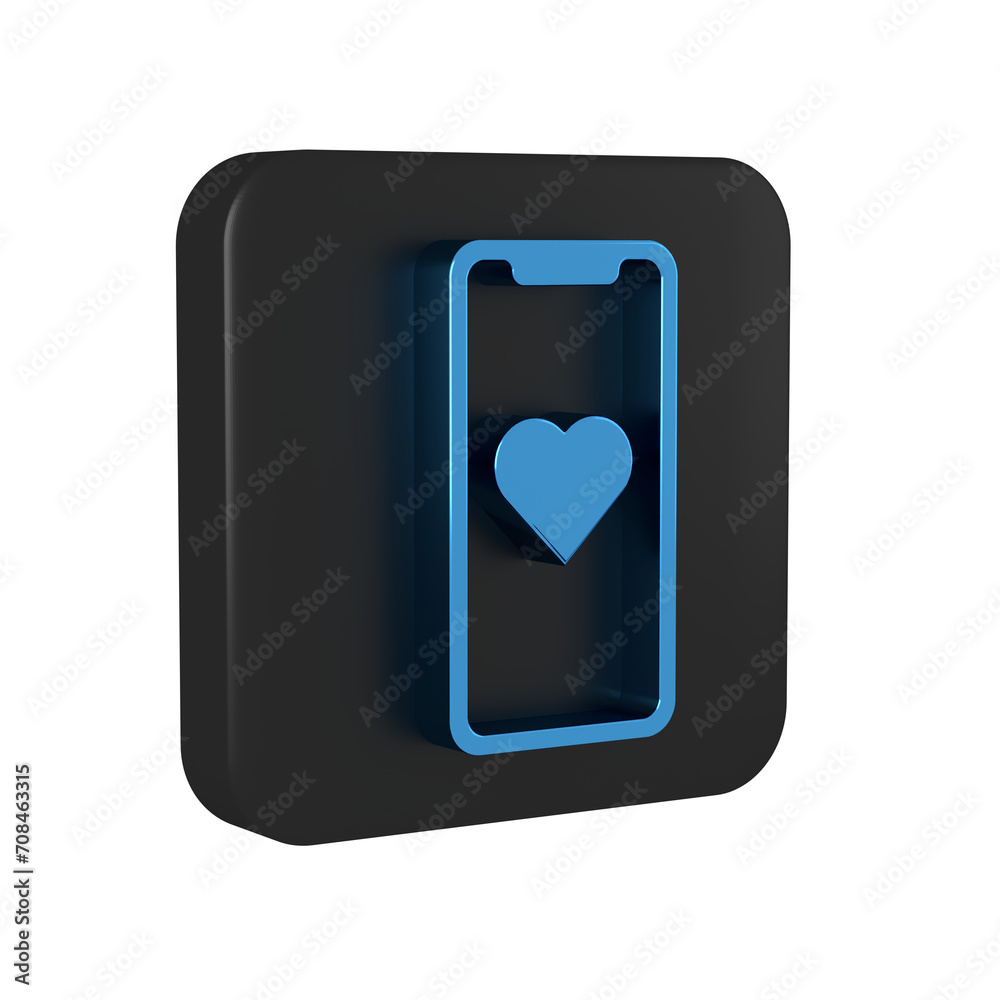 Poster Blue Mobile phone with heart icon isolated on transparent background. Valentines day. Black square button.