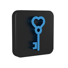 Blue Key in heart shape icon isolated on transparent background. Valentines day. Black square button.