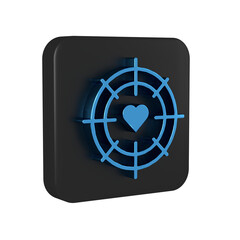 Blue Heart in the center of darts target aim icon isolated on transparent background. Valentines day. Black square button.