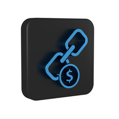 Blue Chain link and coin icon isolated on transparent background. Link single. Hyperlink chain symbol. Black square button.